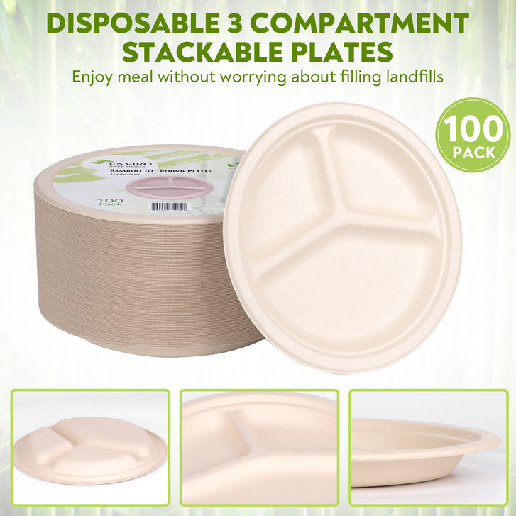 Terrahue 10 inch 3 Compartment Dinner Plate, Biodegradable, Compostabl